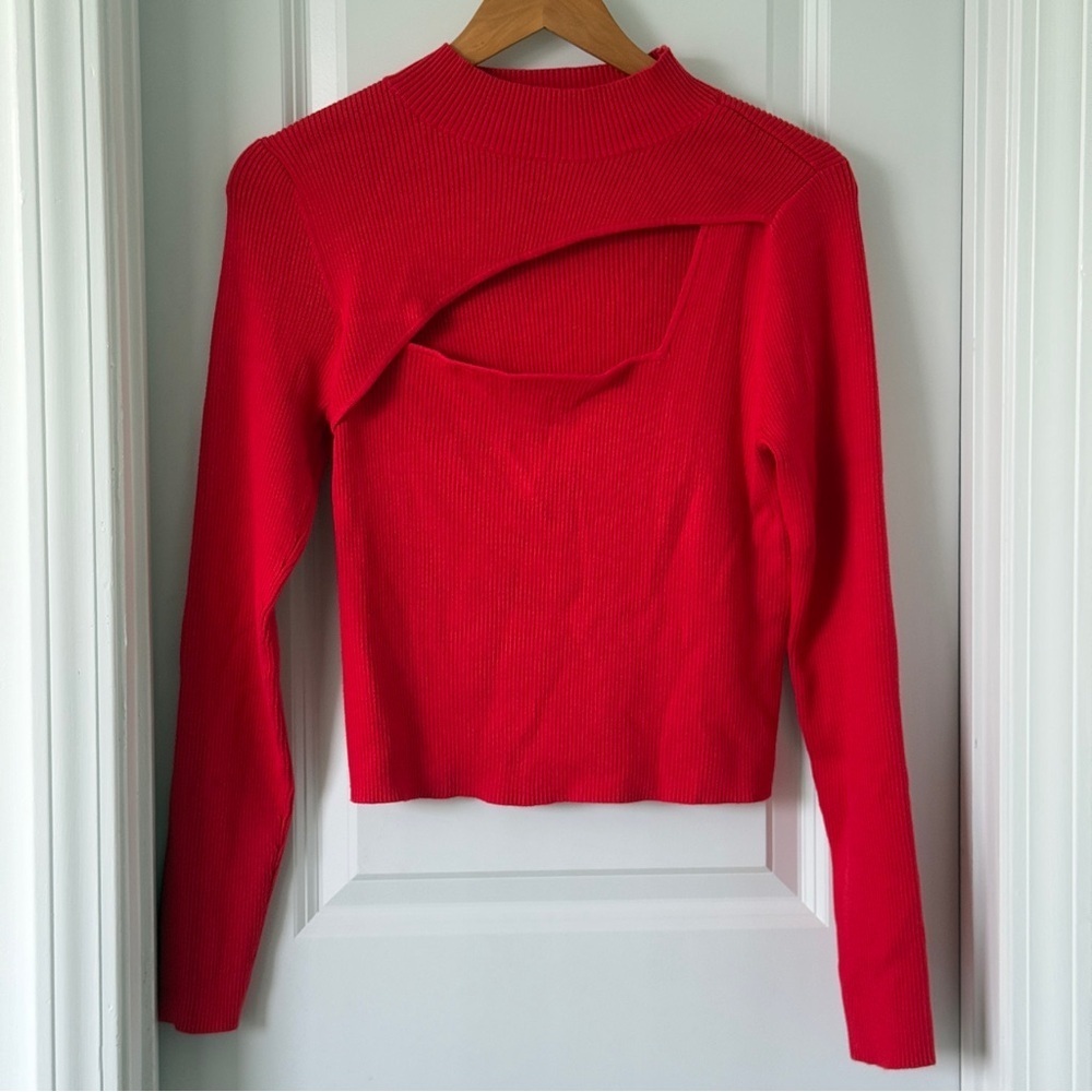 Bar III Red Ribbed Knit Cutout Back Long Sleeve Top | Trendy Mock Neck Sweater